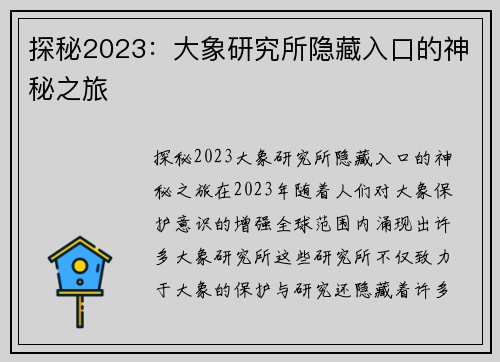探秘2023：大象研究所隐藏入口的神秘之旅